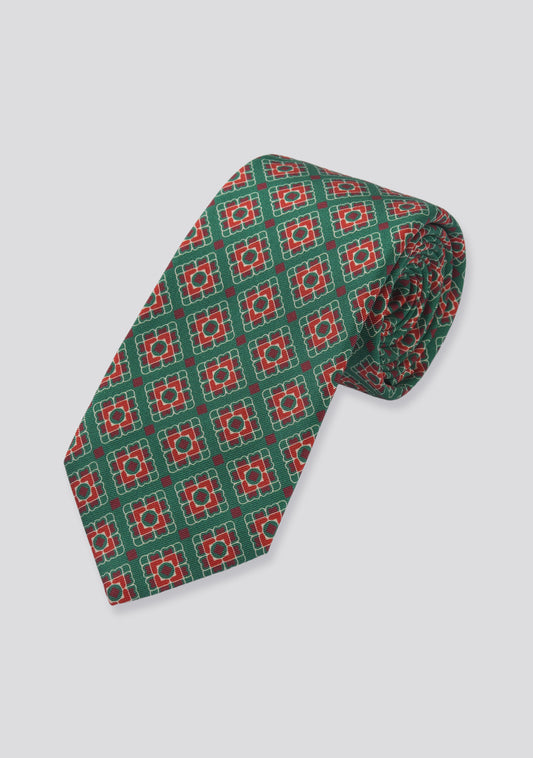 Forest Green and Red Patterned Silk Tie