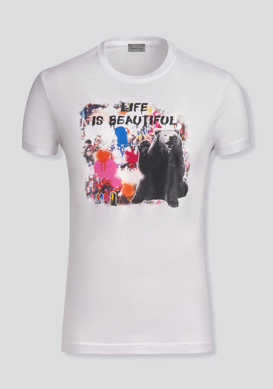 Short Sleeve White Cotton T-Shirt with Print
