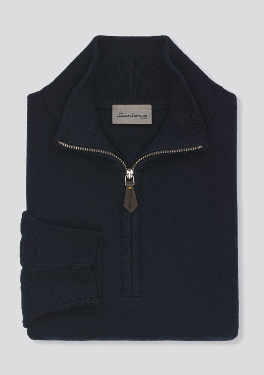 Navy Blue Blended Cashmere Zip Pullover