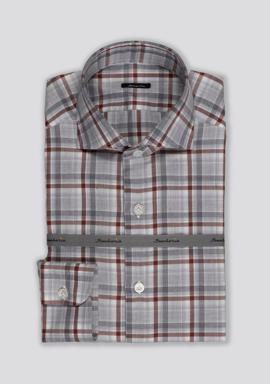 Grey and Burgundy Checked Cotton Shirt