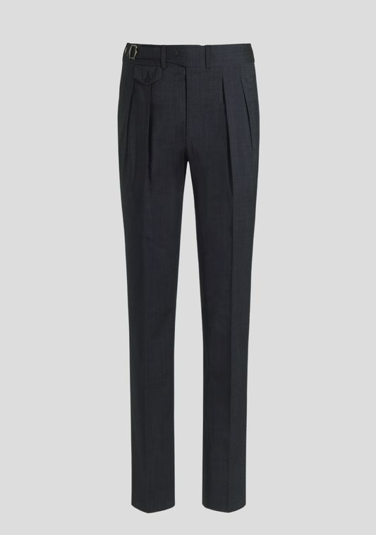 Navy Blue Wool-Blend Trousers with Side Adjusters