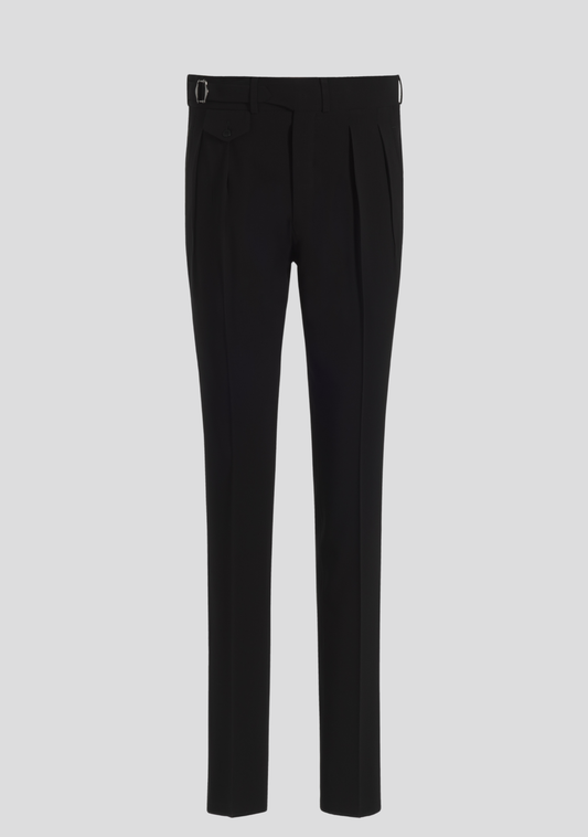 Jet Black Virgin Wool Trousers with Side Adjusters