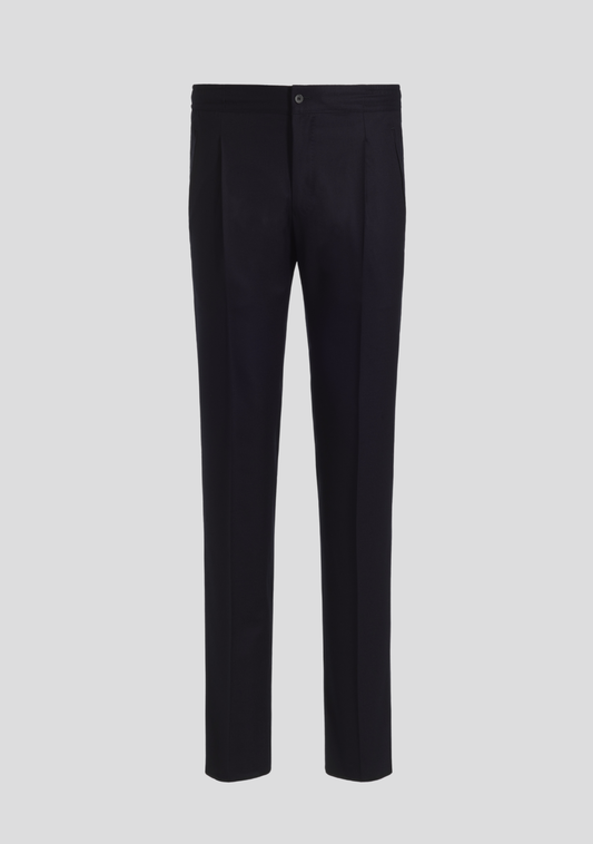Navy Blue Wool-Blend Drawstring Trousers