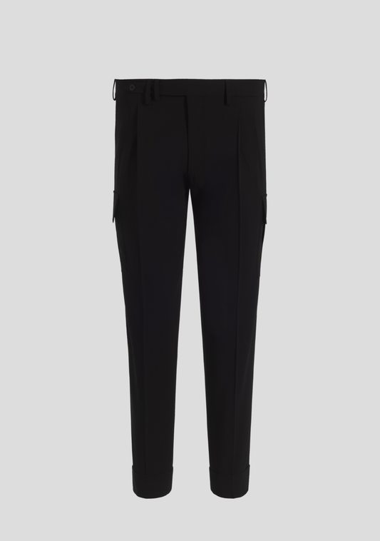 Jet Black Virgin Wool Cargo Trousers