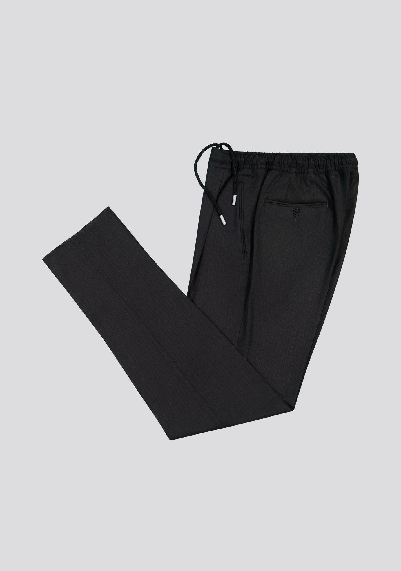 Pinstripe Black Wool-Blend Drawstring Trousers