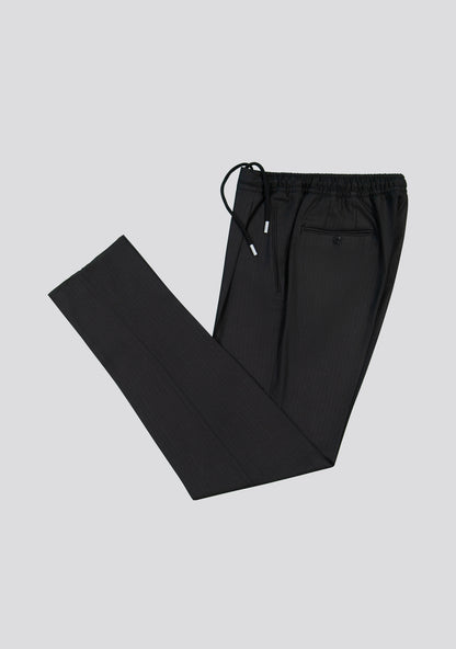 Pinstripe Black Wool-Blend Drawstring Trousers