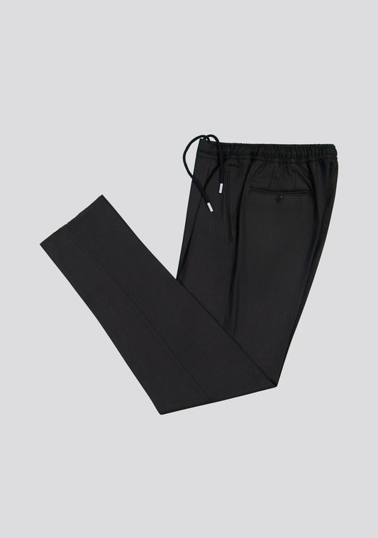 Pinstripe Black Wool-Blend Drawstring Trousers