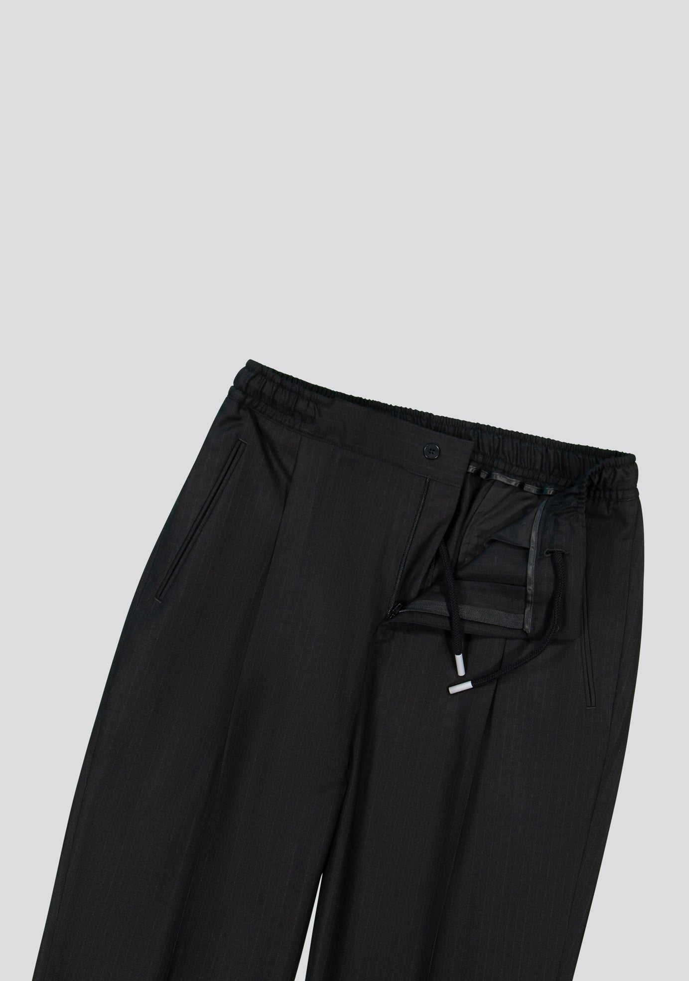 Pinstripe Black Wool-Blend Drawstring Trousers