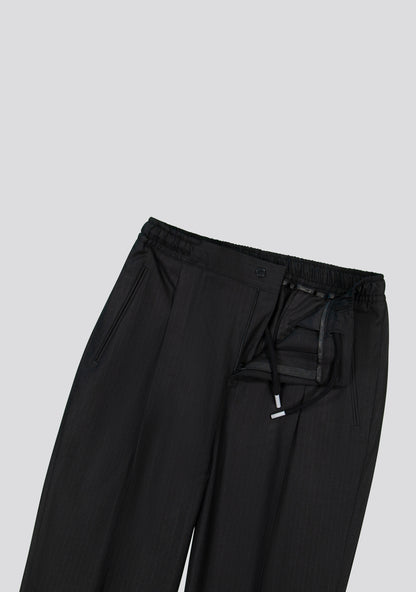 Pinstripe Black Wool-Blend Drawstring Trousers