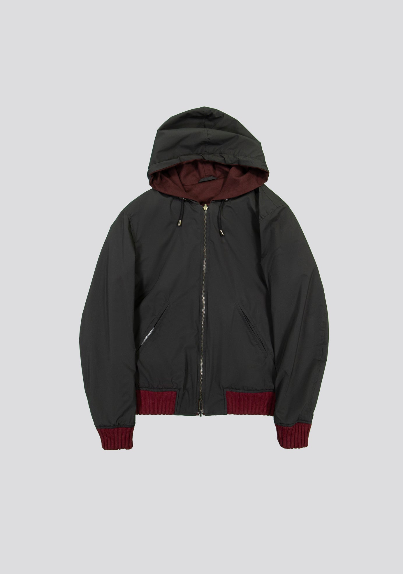 Burgundy & Black Wool Hooded Bomber