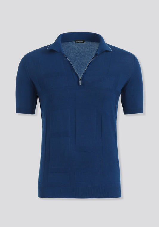 Marine Blue Patterned Knit Short Sleeve Cotton Polo Shirt