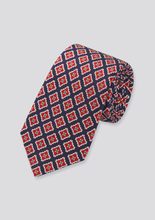 Ocean Blue and Red Patterned Silk Tie
