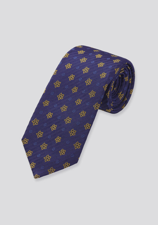 Ocean Blue Silk Tie With Yellow Flower Pattern