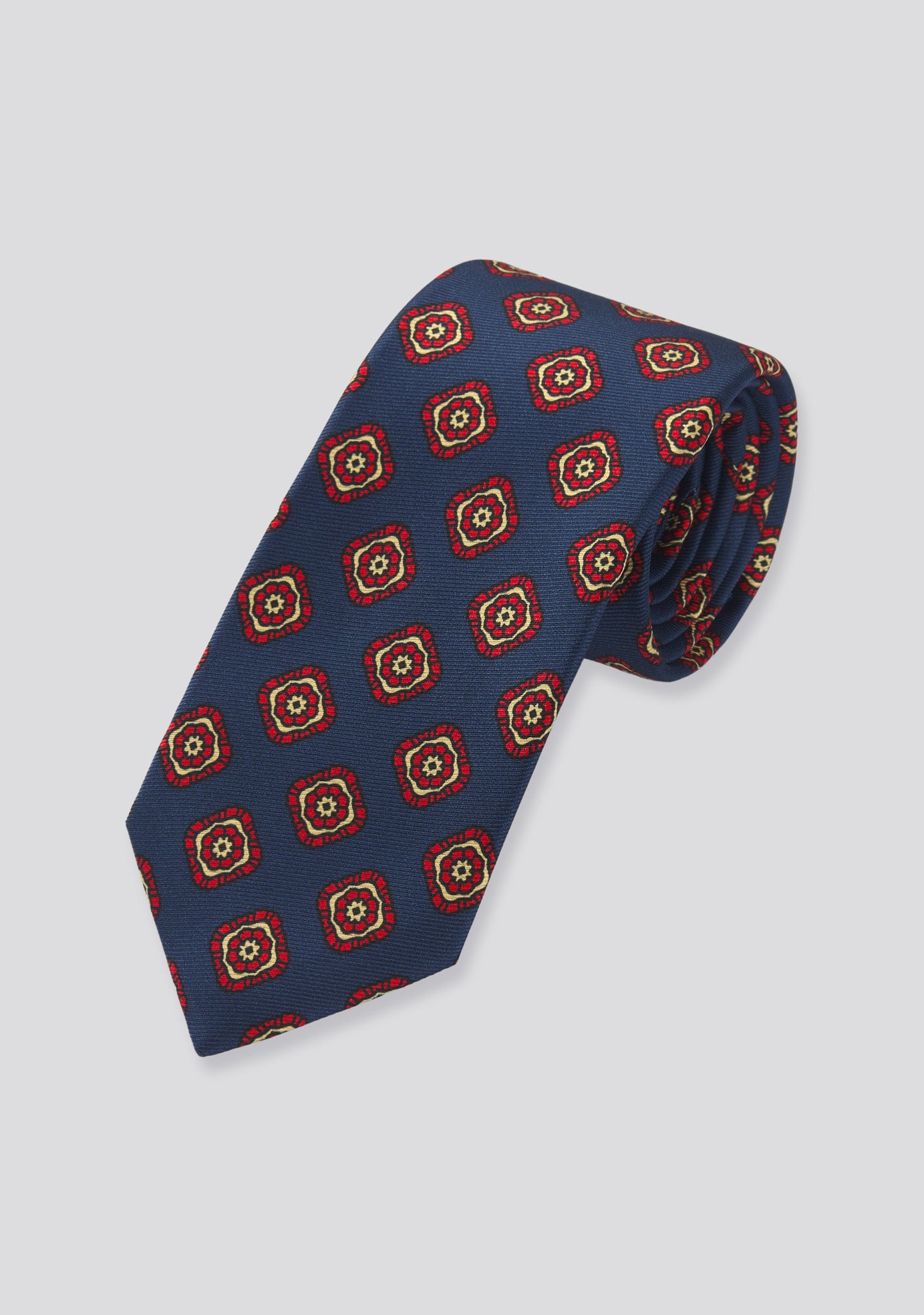 Royal Blue Silk Tie With a Red and Yellow Pattern