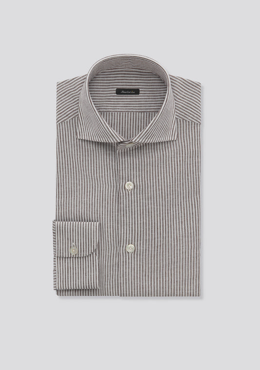 White and Brown Striped Linen Shirt