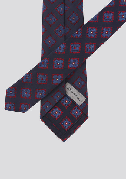 Space Blue Silk Tie With a Blue Tint and Rectangular Pattern