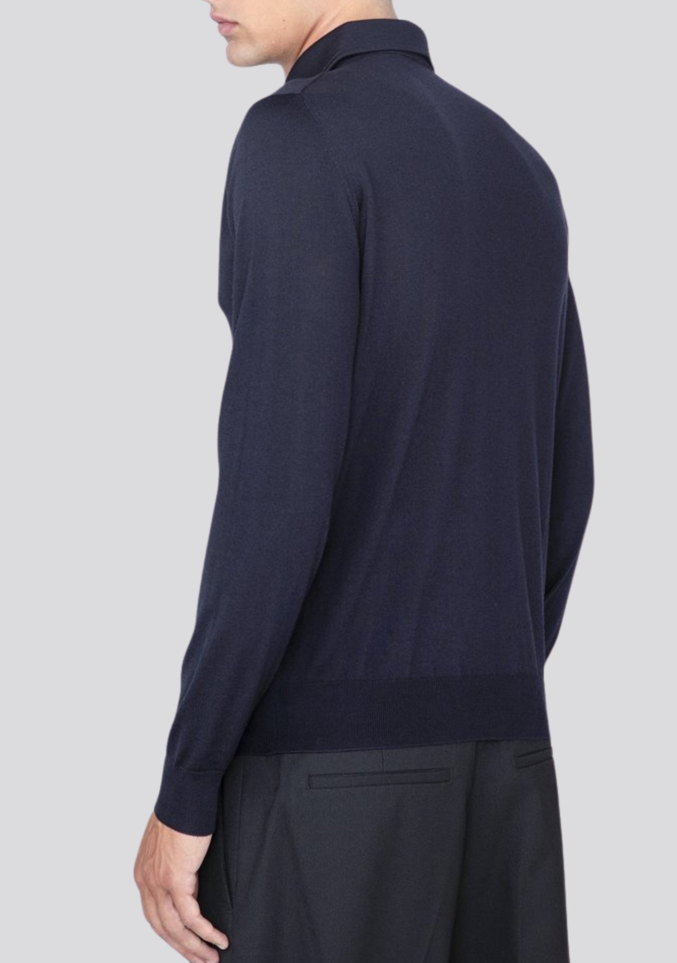 Long Sleeve Navy Blue Superfine 180s Merino Wool Polo Shirt