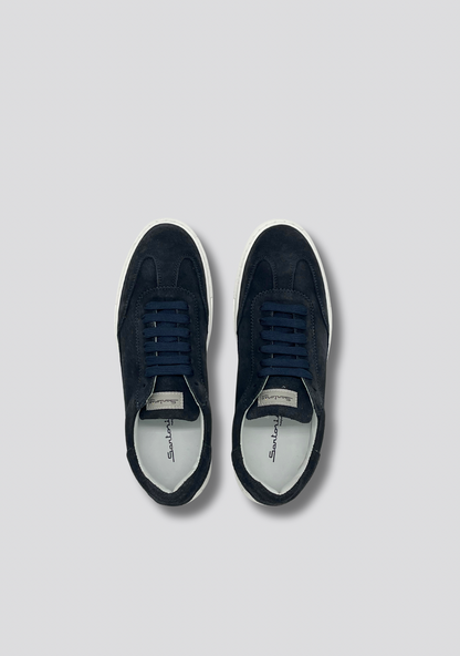 Navy Blue Suede Leather Sneakers with Vintage Stripe Accent