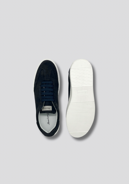 Navy Blue Suede Leather Sneakers with Vintage Stripe Accent