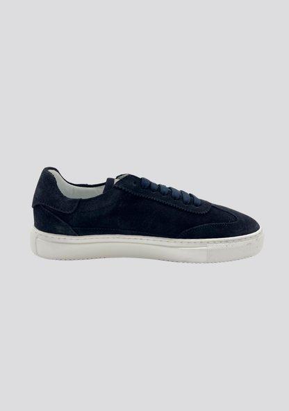 Navy Blue Suede Leather Sneakers with Vintage Stripe Accent