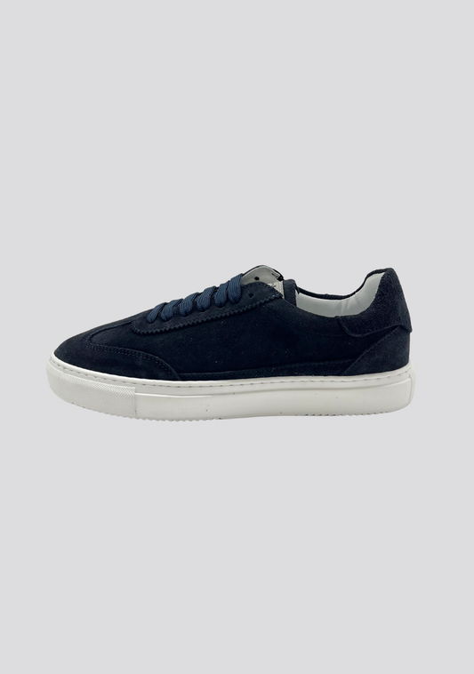 Navy Blue Suede Leather Sneakers with Vintage Stripe Accent