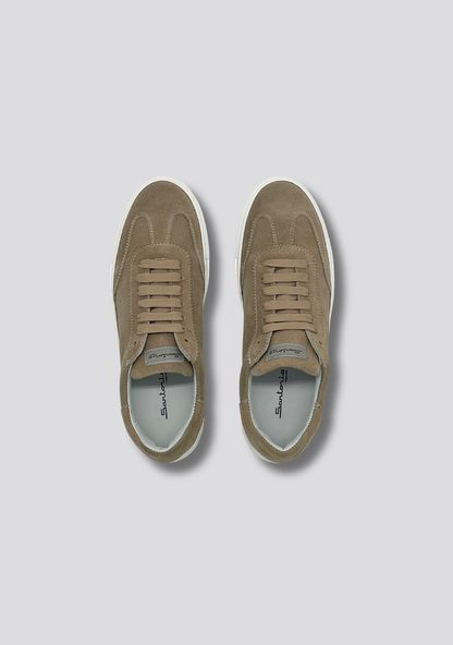 Mokka Beige Suede Sneakers with Vintage Stripe Accent