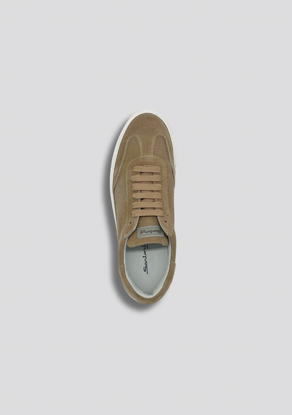Mokka Beige Suede Sneakers with Vintage Stripe Accent