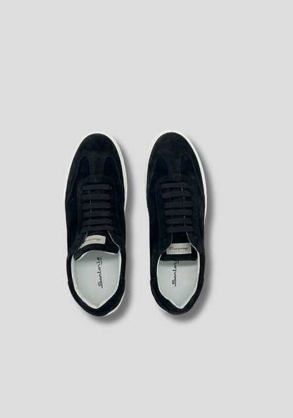 Black Suede Leather Sneakers with Vintage Stripe Accent