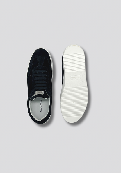 Black Suede Leather Sneakers with Vintage Stripe Accent