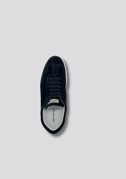 Black Suede Leather Sneakers with Vintage Stripe Accent