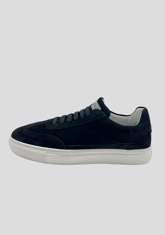 Black Suede Leather Sneakers with Vintage Stripe Accent