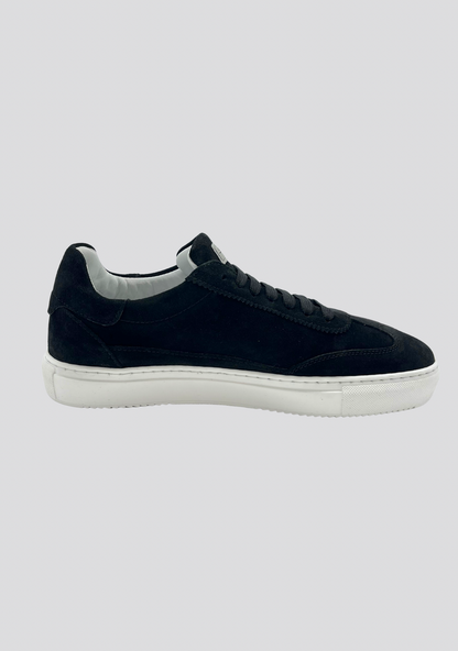 Black Suede Leather Sneakers with Vintage Stripe Accent