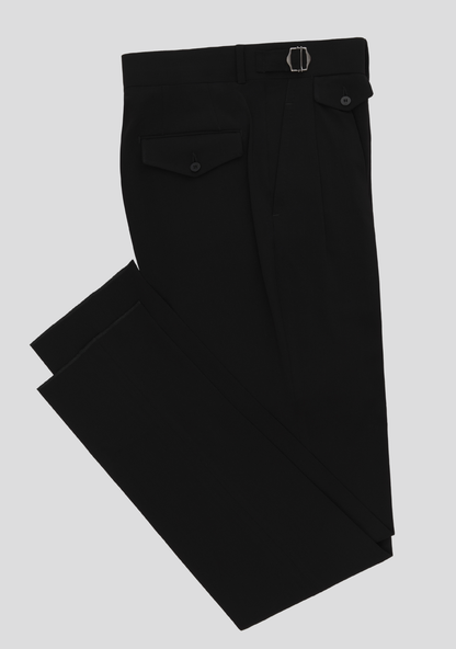 Jet Black Virgin Wool Trousers with Side Adjusters